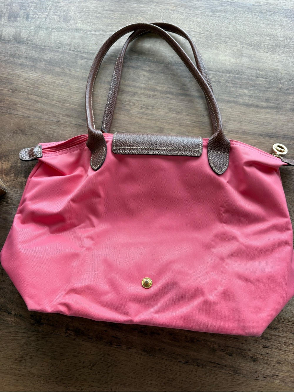 Longchamp Le Pliage Pink/Coral Nylon Tote with Brown Leather Trim - Picture 4 of 15